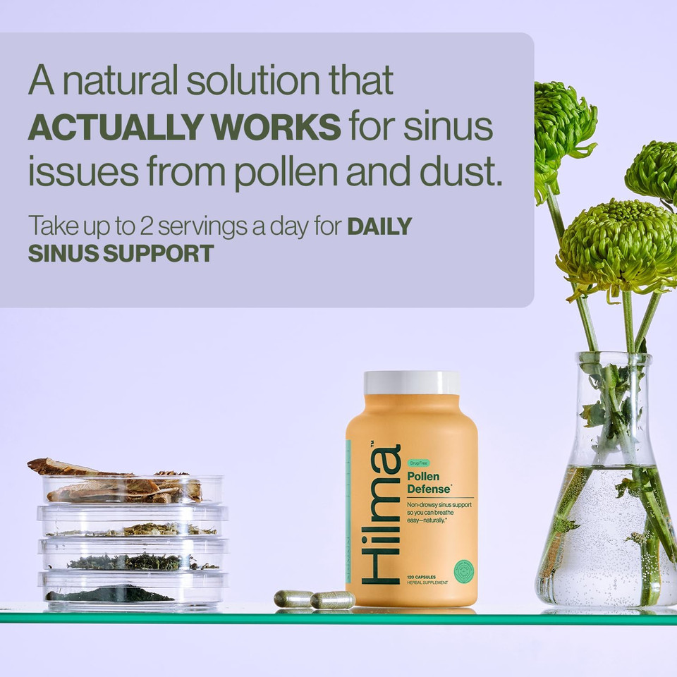 Hilma Natural Sinus Support, All Day Allergy And Sinus Relief From Pollen And Dust W/Butterbur, Stinging Nettles And Spirulina, Non-Drowsy, Organic, Clinically Proven Ingredients, 120 Vegan Capsules