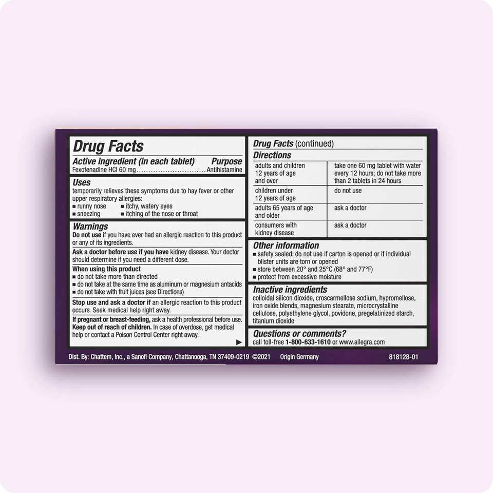 Allegra 12 Hour Allergy, Non-Drowsy 60Mg Tablets