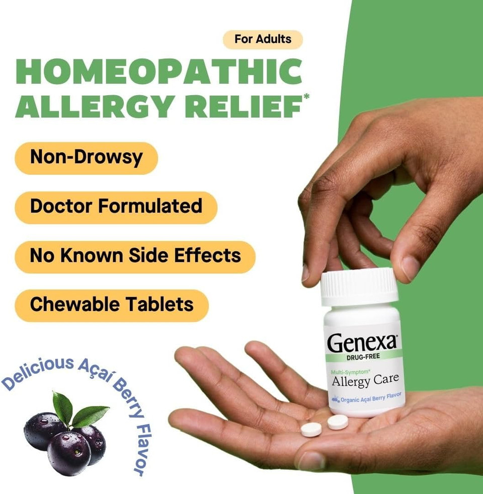 Genexa Allergy Care | Drug Free, Non-Drowsy Allergy & Decongestant Relief For Adults | Vegan & Non-Gmo | Homeopathic Allergy Relief Made Clean | Organic Acai Berry Flavor | 180 Chewable Tablets Genexa Allergy Care | Drug Free, Non-Drowsy Allergy & Decongestant Relief For Adults | Vegan & Non-Gmo | Homeopathic Allergy Relief Made Clean | Organic Acai Berry Flavor | 180 Chewable Tablets