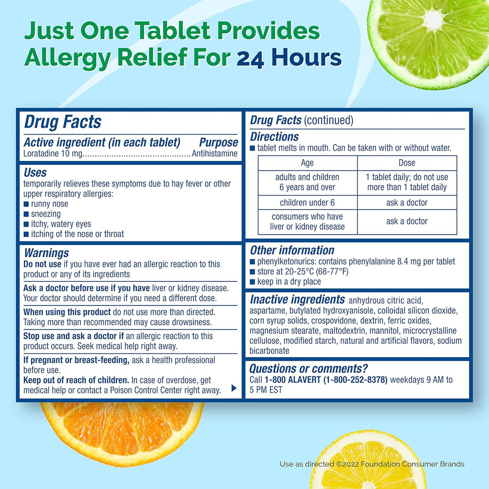 Alavert Allergy 24 Hour Relief, Citrus Burst Flavor, Orally Disintegrating Allergy Tablets, Non-Drowsy Antihistamine, Loratadine 10Mg, 18 Count