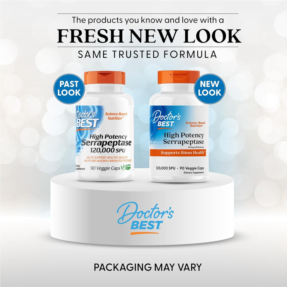 Doctors Best High Potency Serrapeptase, Supports Sinus Health 120,000 Spu, Non-Gmo, Vegan 90 Veggie Caps