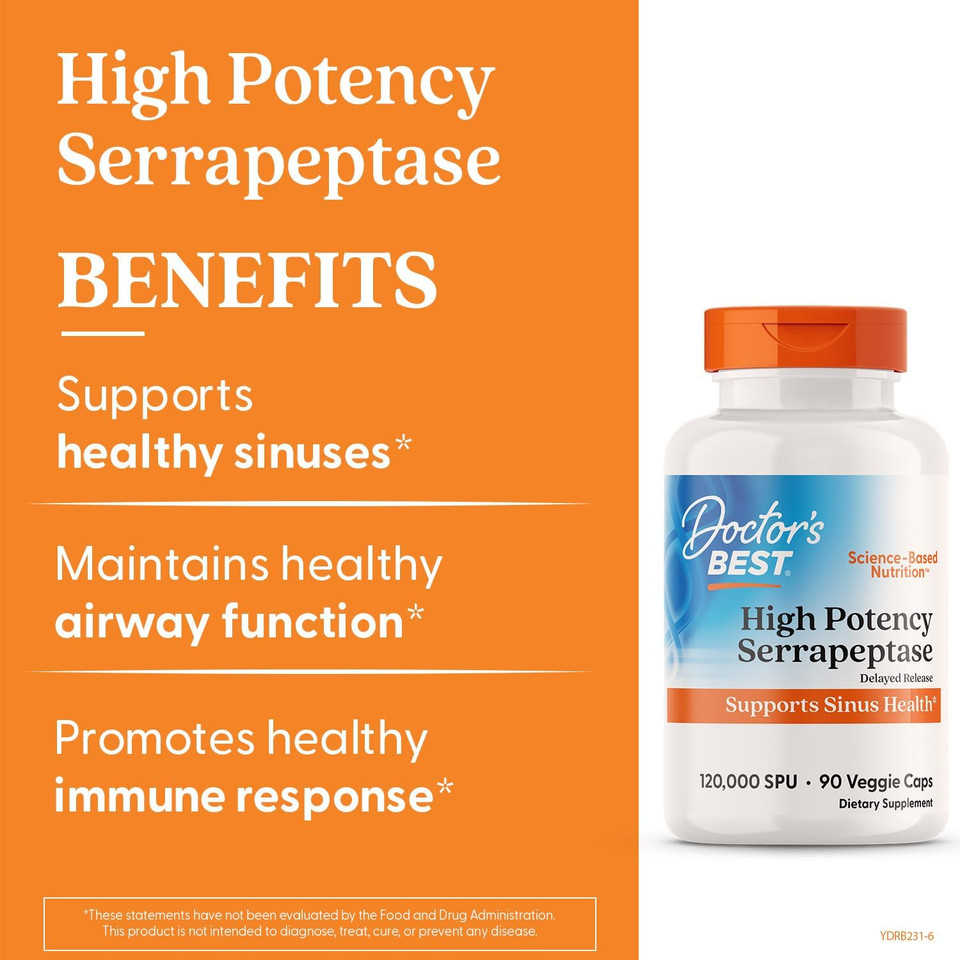 Doctors Best High Potency Serrapeptase, Supports Sinus Health 120,000 Spu, Non-Gmo, Vegan 90 Veggie Caps