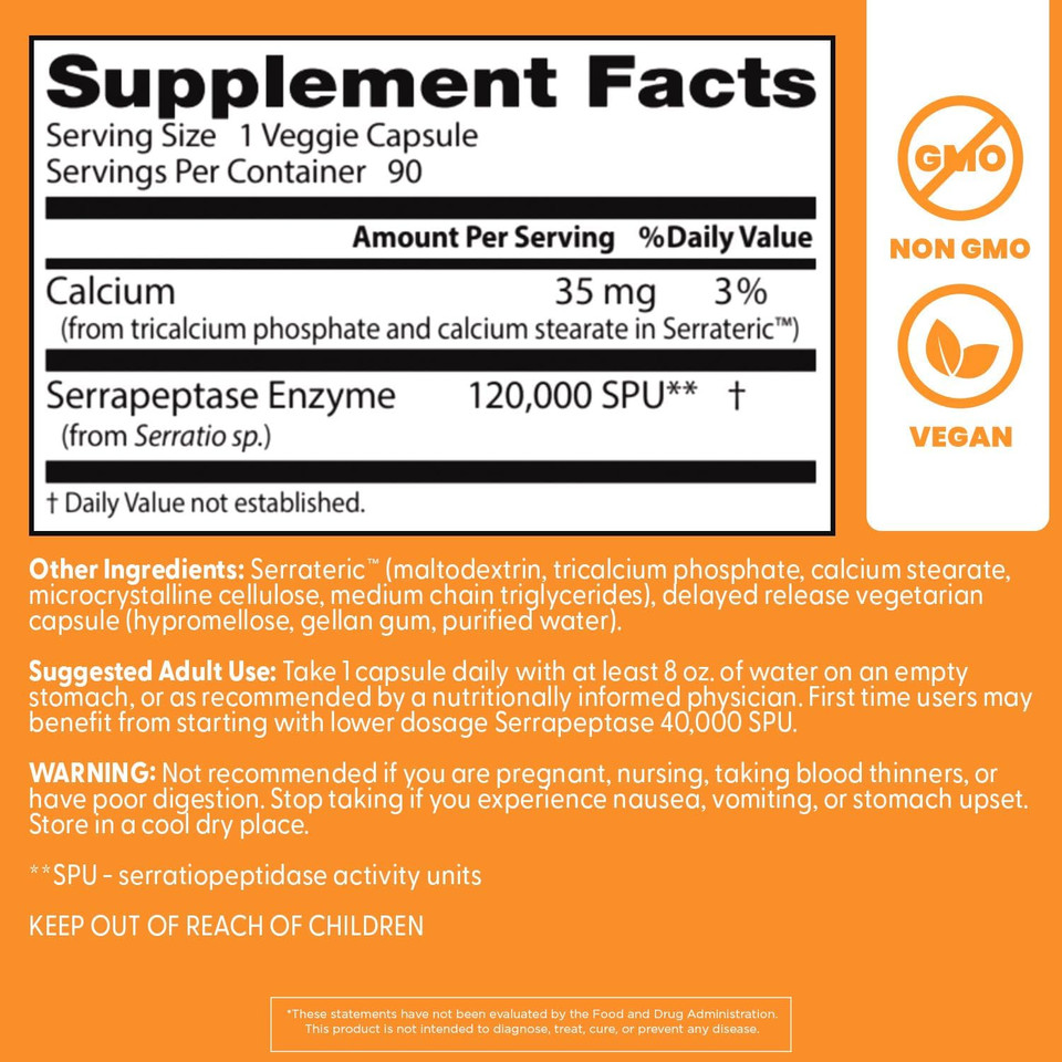 Doctors Best High Potency Serrapeptase, Supports Sinus Health 120,000 Spu, Non-Gmo, Vegan 90 Veggie Caps