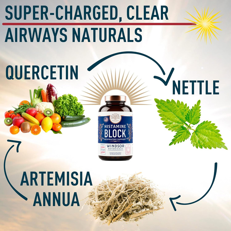 Histamine Blocker For Allergies - Quercetin, Stinging Nettle Flavonoids Natural Antihistamine Tablets - Allergy Relief Supplements & Antihistamines For Adults - 60 Vegan Histamine Block Capsules