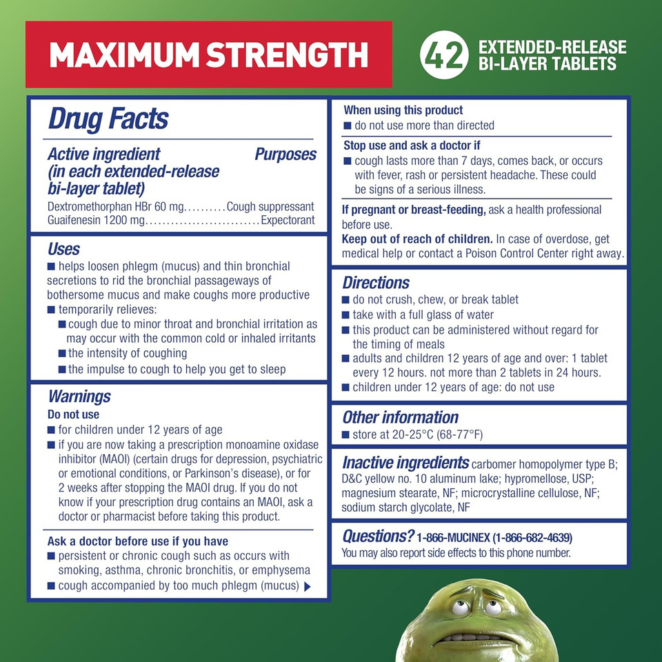 Cough Suppressant And Expectorant,Mucinex Dm Maximum Strength 12 Hourtablets 42Ct, 1200 Mg Guaifenesin,Relieves Chest Congestion,Quiets Wet And Dry Cough,#1Doctor Recommended Otc Expectorant