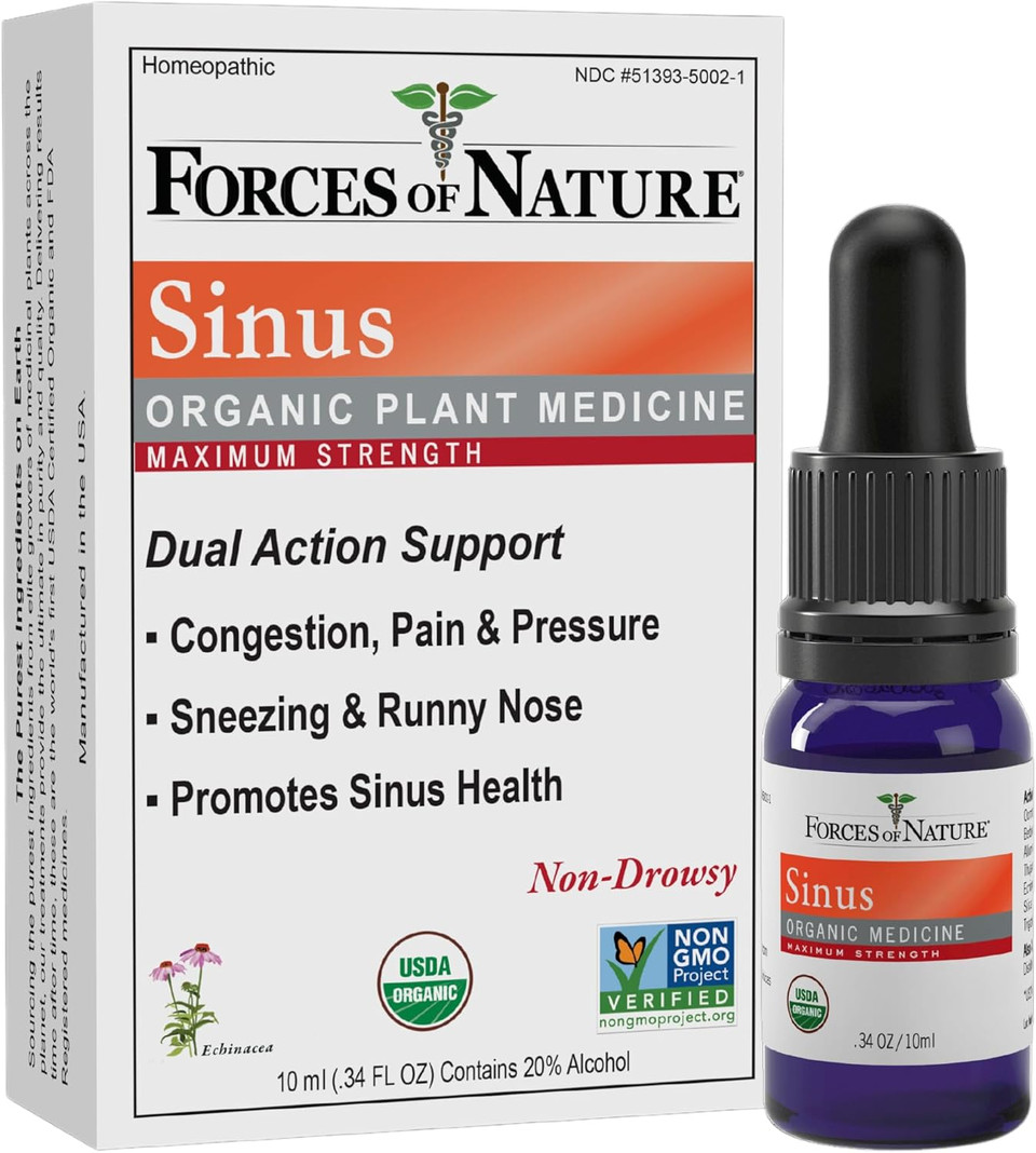 Forces Of Nature Sinus Relief Nasal Decongestant, Organic Maximum Strength Homeopathic Medicine, Immune Support & Relief From Congestion, Sinus Pressure, Sneezing, Runny Nose, Non-Drowsy, 1 Fl Oz