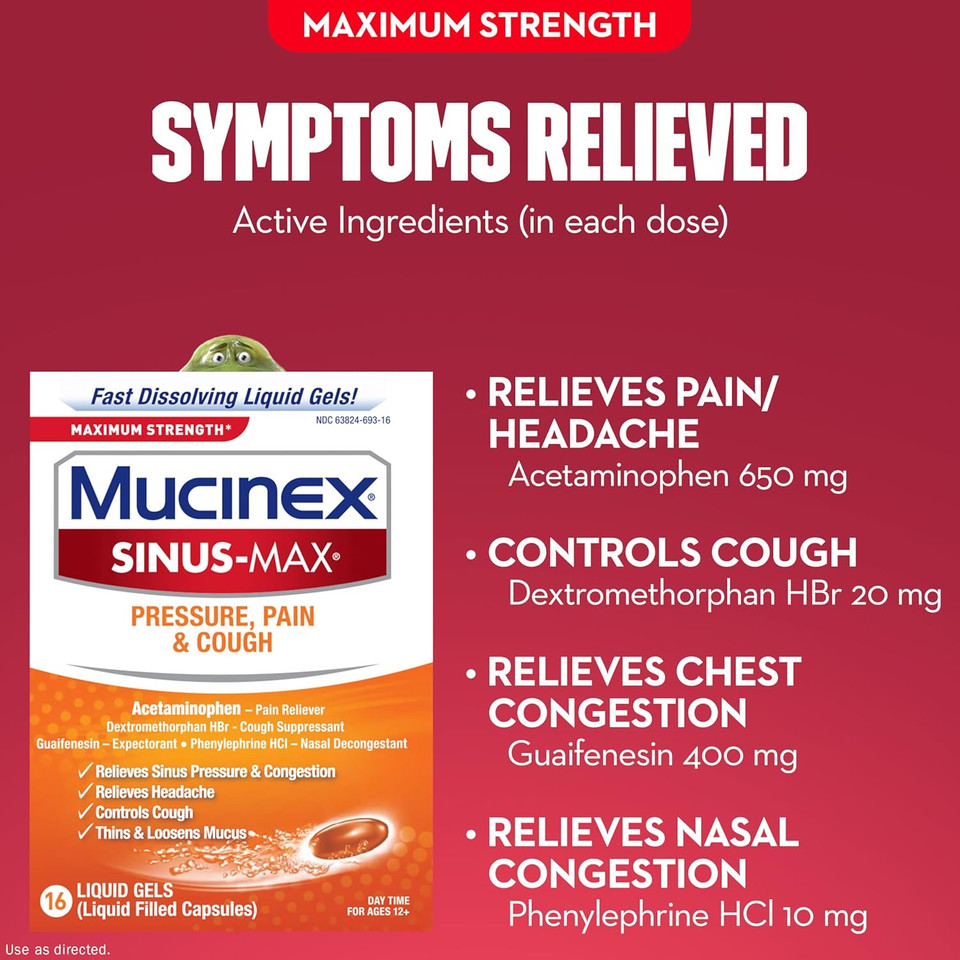 Mucinex Sinus-Max Liquid Gels For Severe Congestion Relief, 16 Count