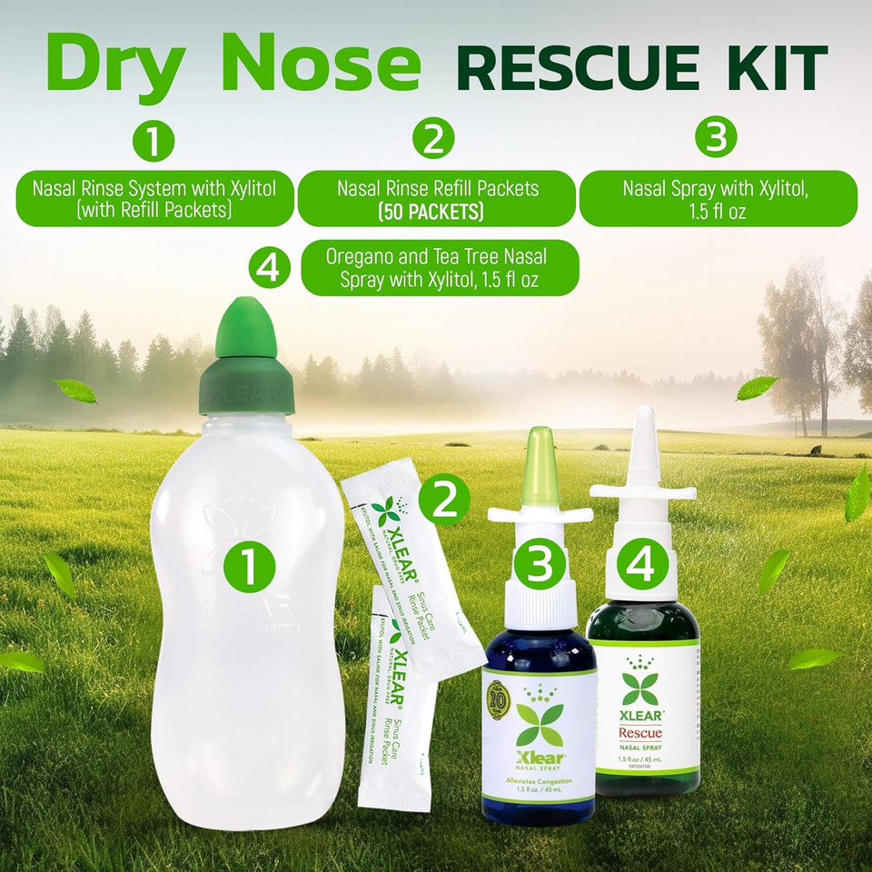 Xlear Dry Nose Relief Kit, All Day Dry Nose Rescue Kit Including Xlear Nasal Spray With Xylitol, Xlear Rescue Nasal Spray, Xlear Nasal Rinse Neti Pot And 50 Refill Packets