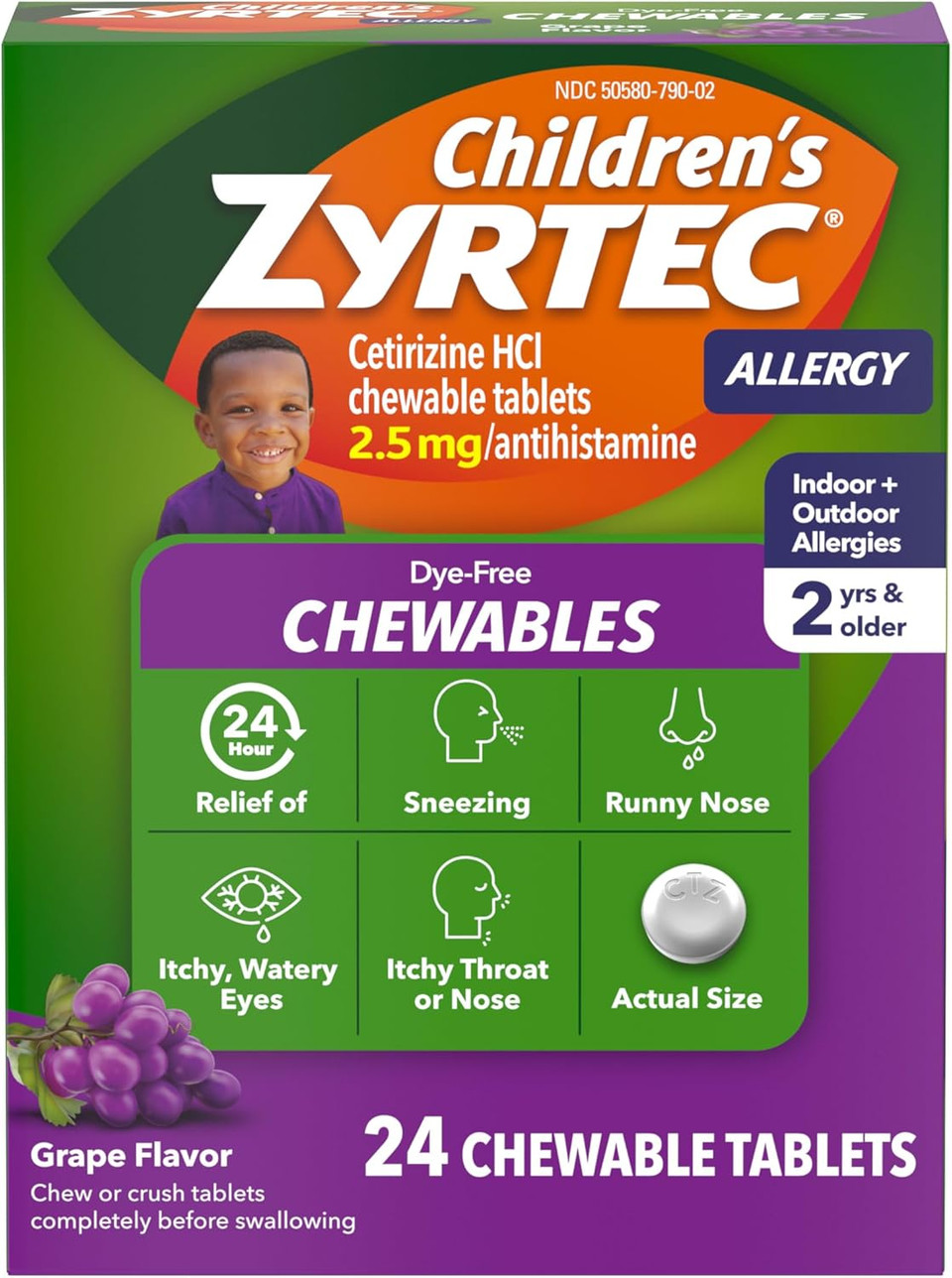 Zyrtec Children'S Dye-Free Chewables For 24 Hour Allergy Relief, 2.5 Mg Cetirizine Hydrochloride Antihistamine Tablets, Kids Allergy Medicine Relieves Sneezing & Itchy Throat, Grape, 24 Ct