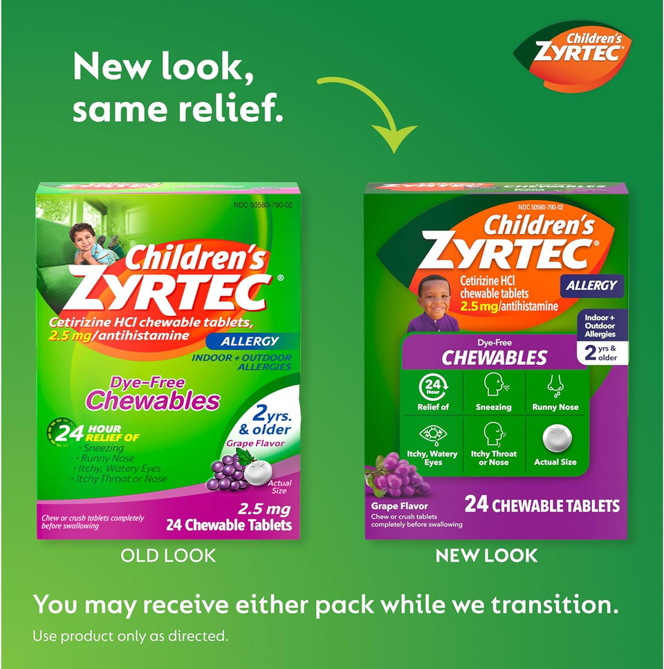 Zyrtec Children'S Dye-Free Chewables For 24 Hour Allergy Relief, 2.5 Mg Cetirizine Hydrochloride Antihistamine Tablets, Kids Allergy Medicine Relieves Sneezing & Itchy Throat, Grape, 24 Ct