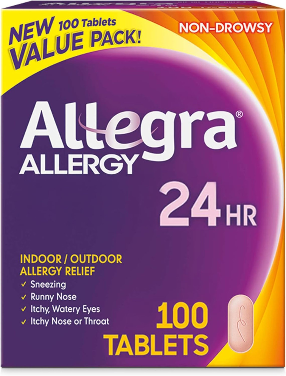 Allegra Adult 24-Hour Allergy Relief Tablets, Non-Drowsy Indoor And Outdoor Allergy Medicine, 180 Mg Fexofenadine Hci Antihistamine Pill, 100-Count