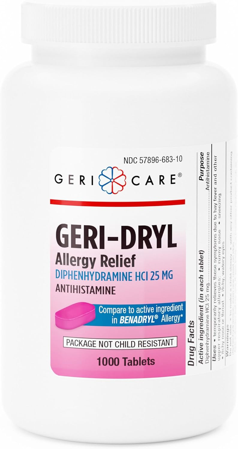 Geri-Dryl Allergy Relief Tablets (1000 Count) By Gericare| Diphenhydramine Hci 25Mg Antihistamine Tablets For Sneezing, Runny Nose, Itchy Throats & Eyes| Anti-Allergy Medicine For Adults & Kids