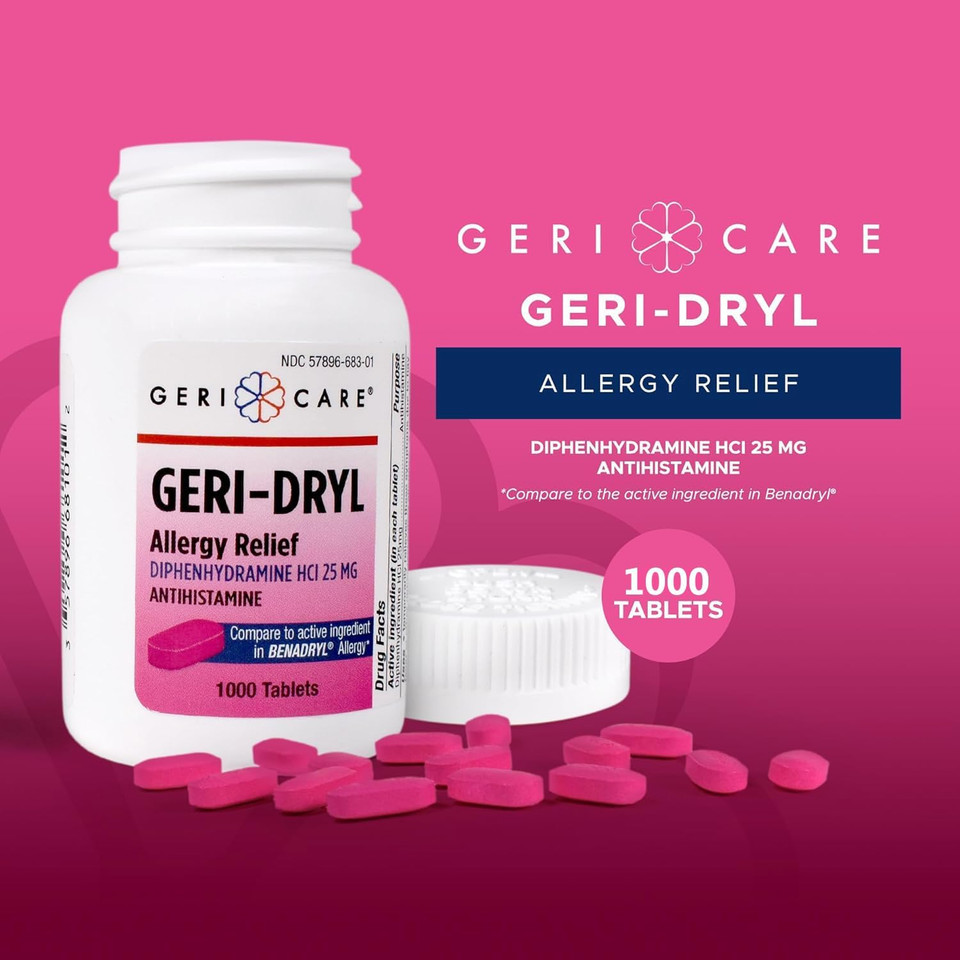 Geri-Dryl Allergy Relief Tablets (1000 Count) By Gericare| Diphenhydramine Hci 25Mg Antihistamine Tablets For Sneezing, Runny Nose, Itchy Throats & Eyes| Anti-Allergy Medicine For Adults & Kids