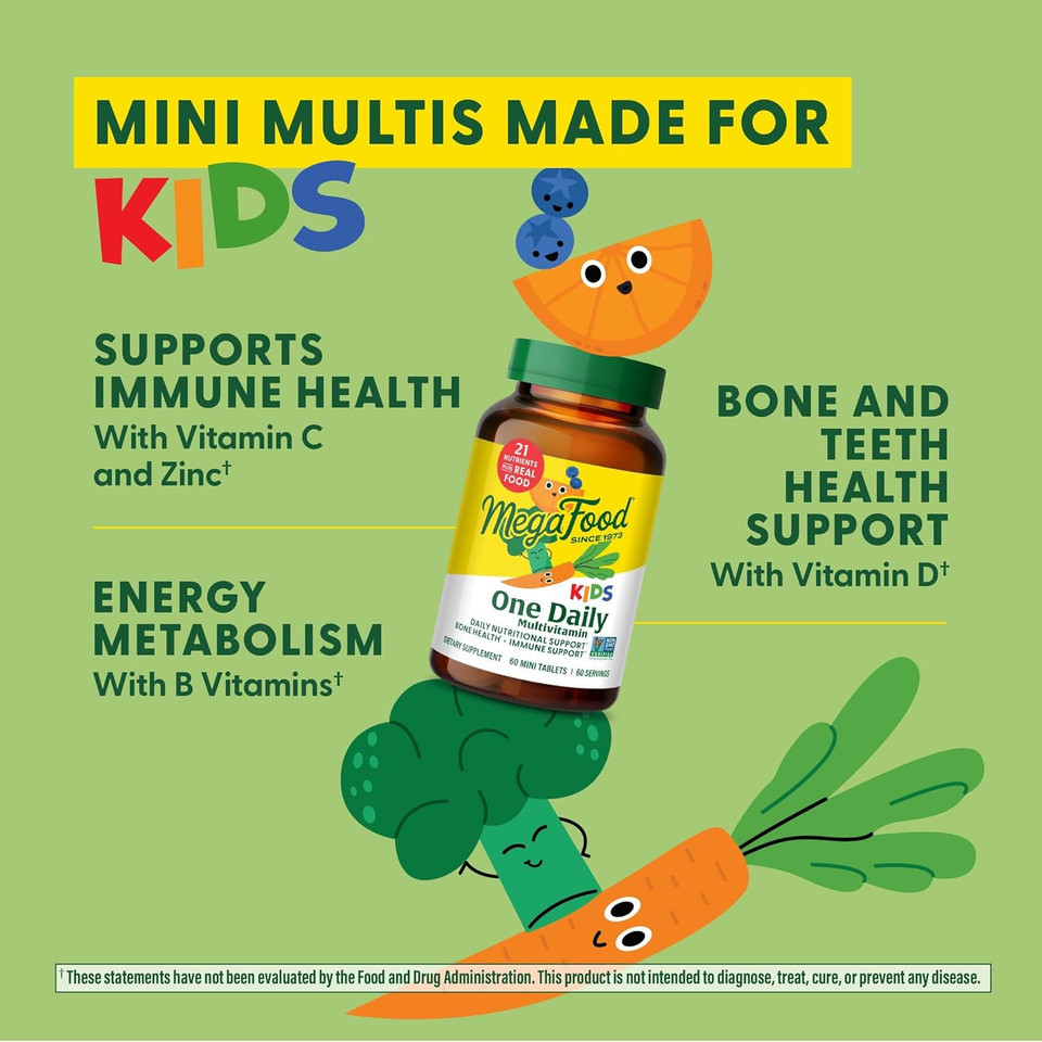 Megafood Kids One Daily Multivitamin - Convenient Mini Multivitamin For Kids - With Zinc, Vitamins C, B & D - Vegetarian, Gluten Free, Non Gmo - 60 Tablets, 60 Servings