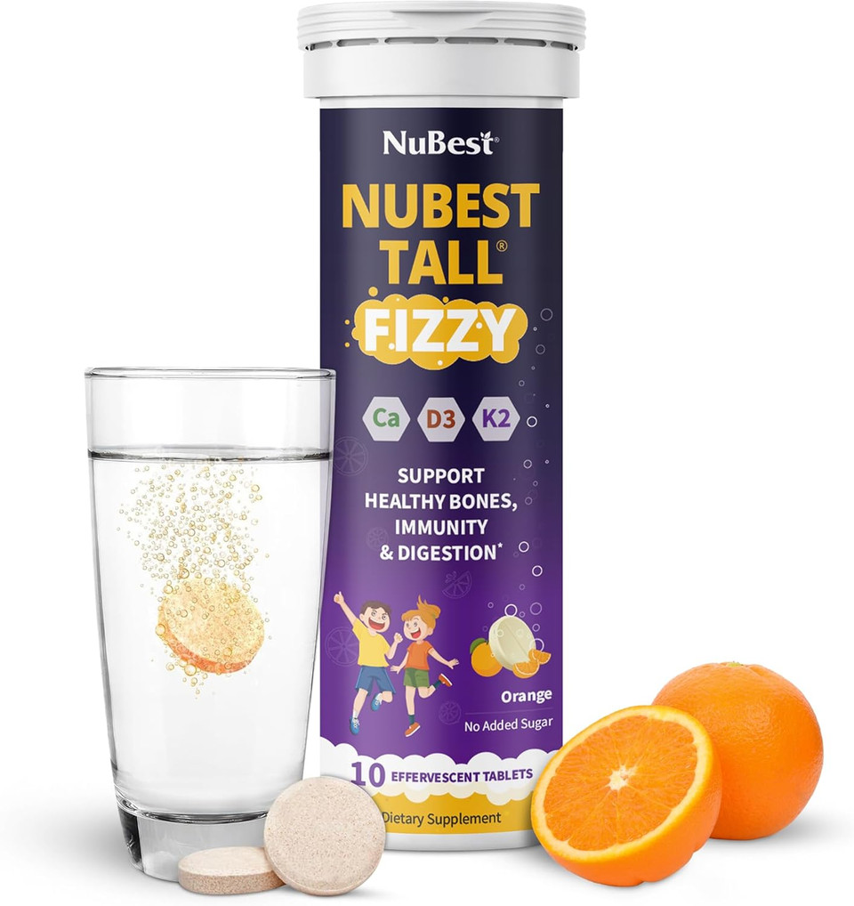 Nubest Tall Fizzy - Bone Strength, Immunity, Digestive Health For Kids Age 4+ & Teens | Probiotic, Calcium, Magnesium From Red Marine Algae, Vitamins | 10 Orange Effervescent Tablets | 2 Weeks Supply