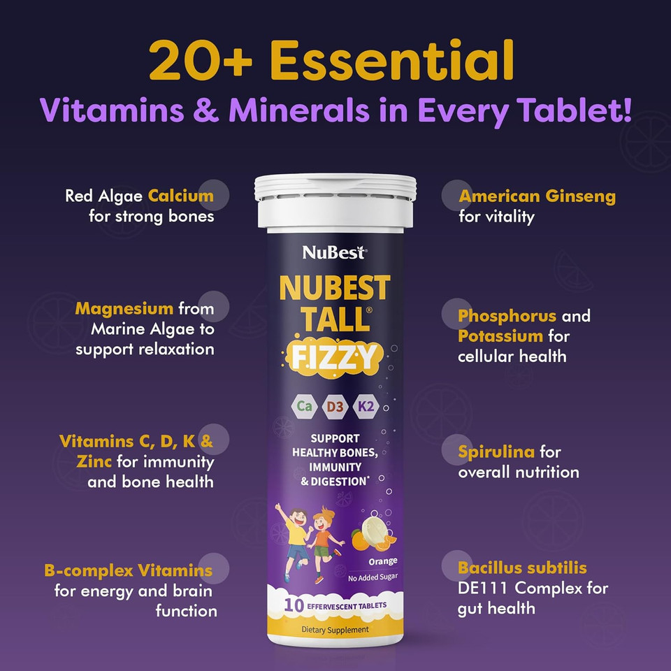 Nubest Tall Fizzy - Bone Strength, Immunity, Digestive Health For Kids Age 4+ & Teens | Probiotic, Calcium, Magnesium From Red Marine Algae, Vitamins | 10 Orange Effervescent Tablets | 2 Weeks Supply