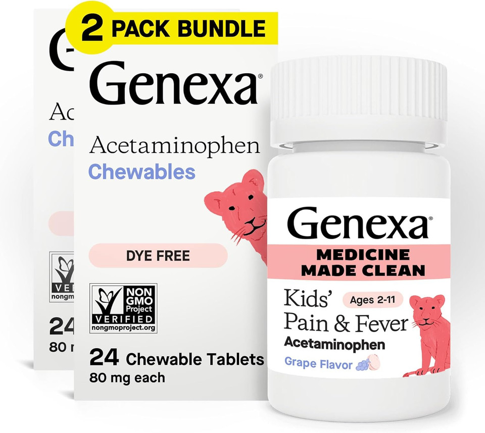 Genexa Kids Clean Pain & Fever Acetaminophen Chewables, Dye Free, 0% Artificial Additives, Delicious Grape Flavor, Chewable Medicine For Children 2-11, 80 Mg Per Tablet, 24Ct Genexa Kids Clean Pain & Fever Acetaminophen Chewables, Dye Free, 0% Artificial Additives, Delicious Grape Flavor, Chewable Medicine For Children 2-11, 80 Mg Per Tablet, 24Ct