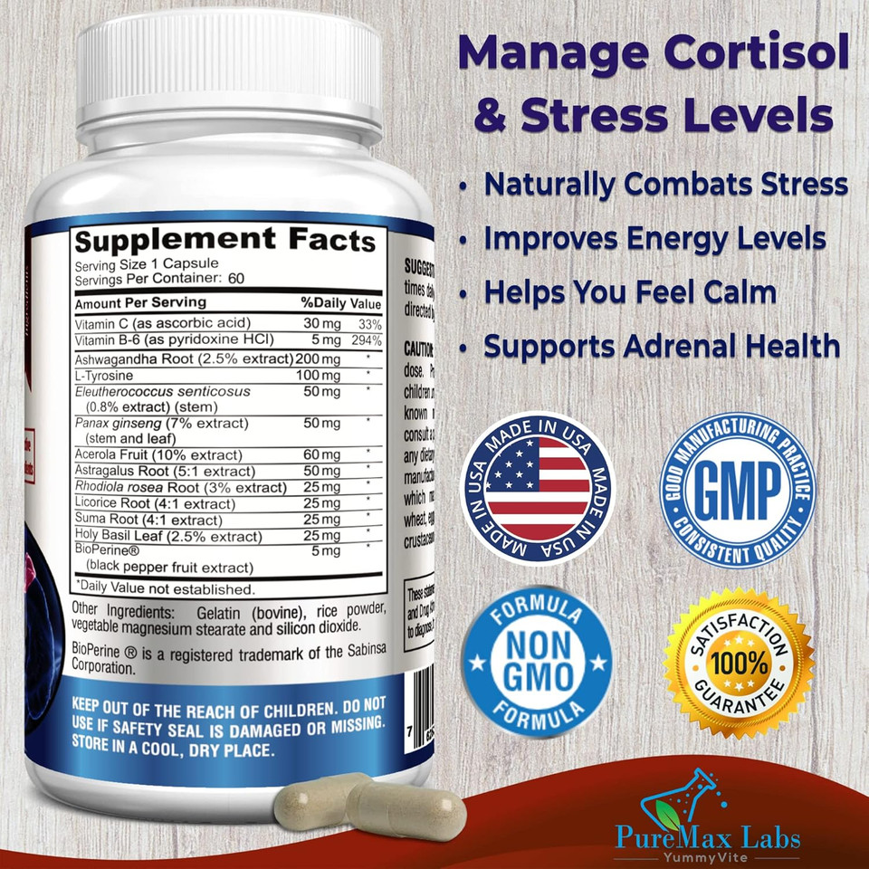 Adrenal Support, Cortisol Manager, Adrenal Health, Maintain Balanced Cortisol Levels, Stress Relief Supplement With Ashwagandha, L-Tyrosine - 60 Capsules