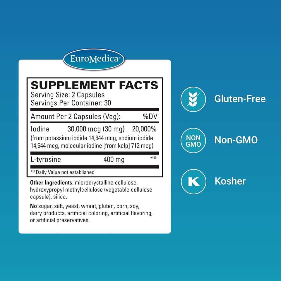Euromedica Thyroid Care - Immune Health & Energy Support Formula - Nutritional Supplement With Iodine For Thyroid Health Support - Wellness Supplement With L-Tyrosine - 60 Capsules