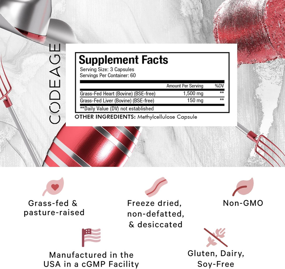 Codeage Grass Fed Beef Heart Supplement - Freeze Dried, Non-Defatted, Desiccated Glandular Supplements - Bovine Meat & Liver Pills - Beef Vitamins For Heart - Non-Gmo -180 Capsules