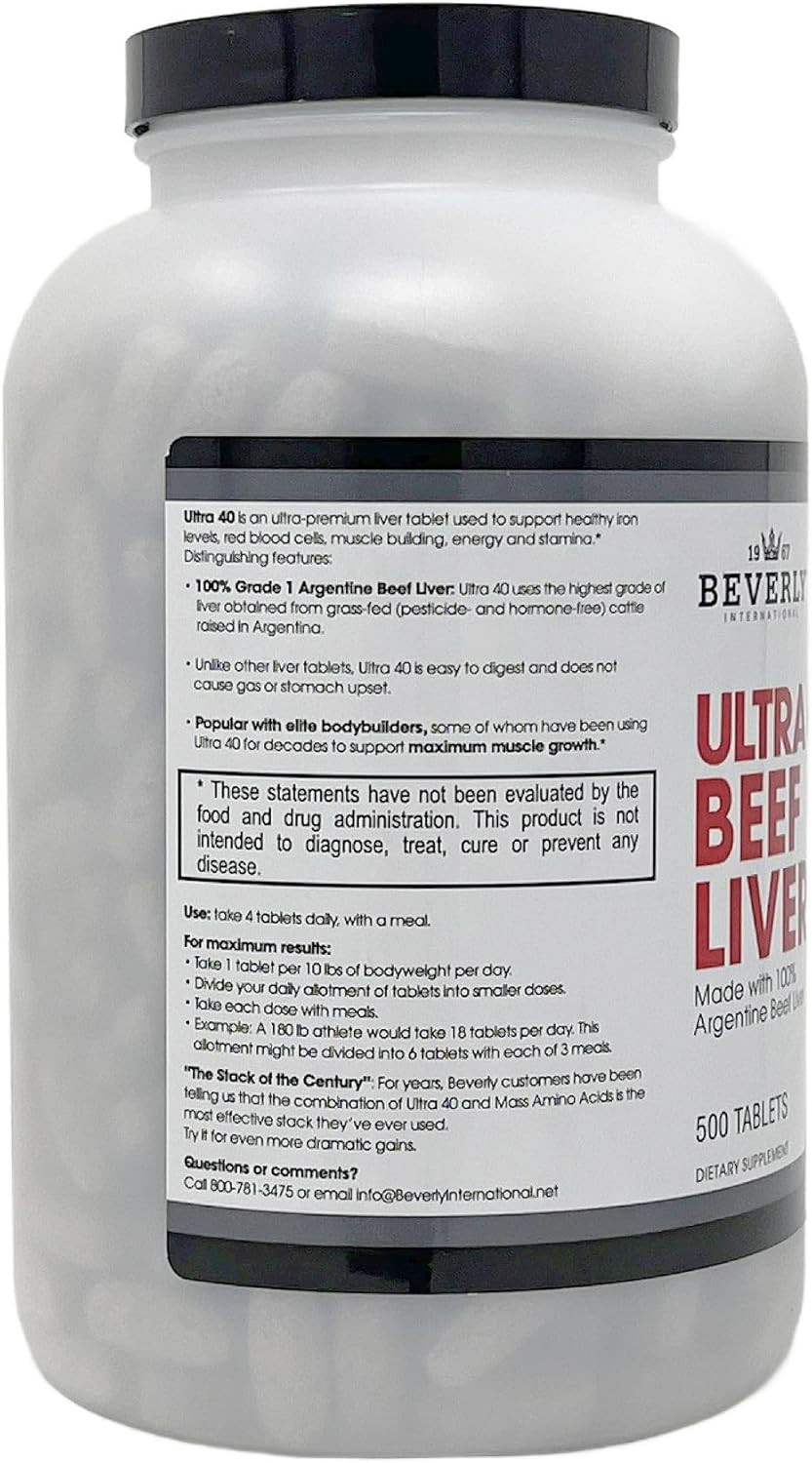 Beverly International Ultra 40 Grass Fed Desiccated Beef Liver, 500 Tab. Golden-Era Secret For Boosting Muscle Growth, Stamina And Performance Naturally. Break Through Those Sticking Points-Endurance
