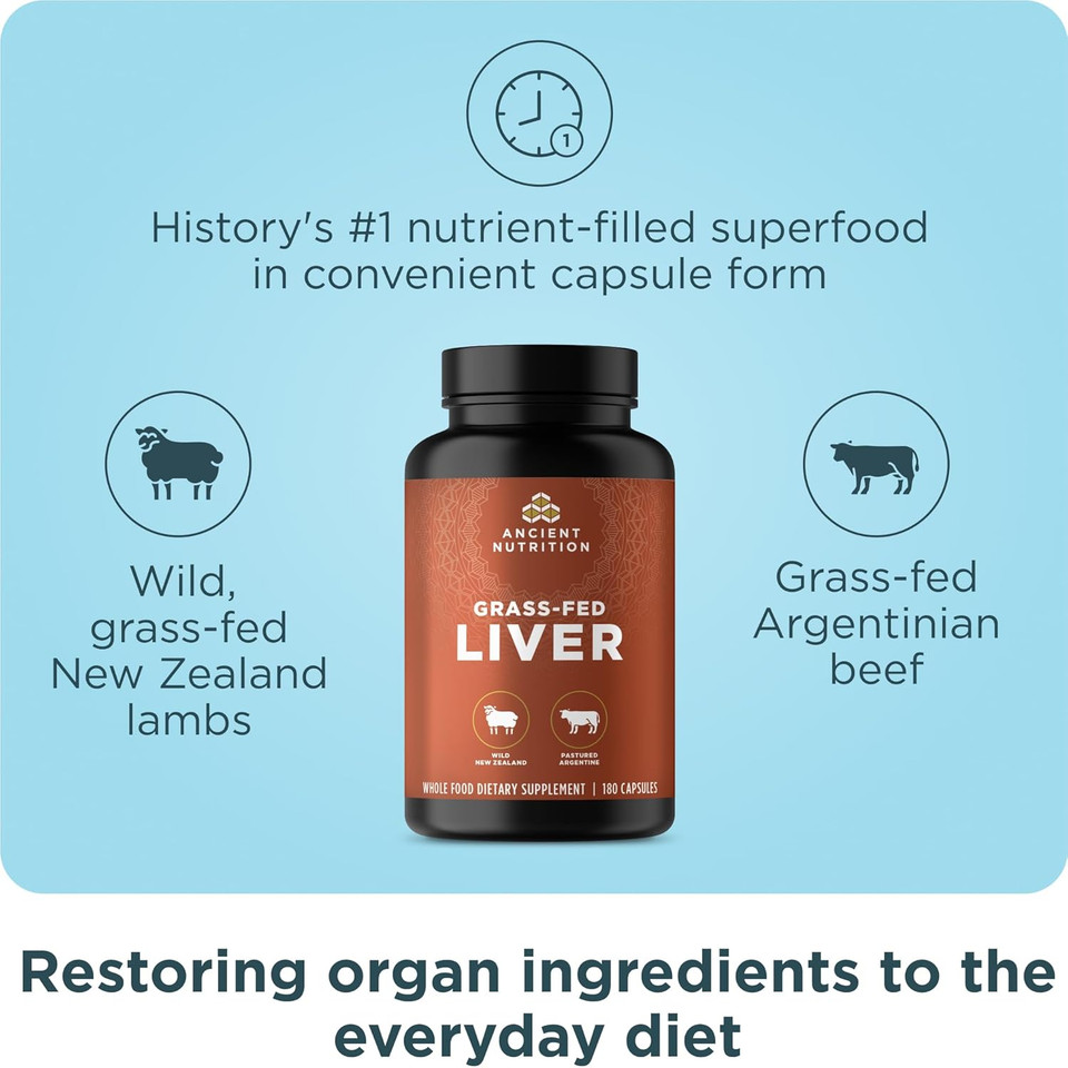 Ancient Nutrition Organ Supplements, Grass-Fed And Wild Organ Complex Capsules, Beef & Lamb Liver, Supports Healthy Blood, Gut, And Liver, 180 Ct