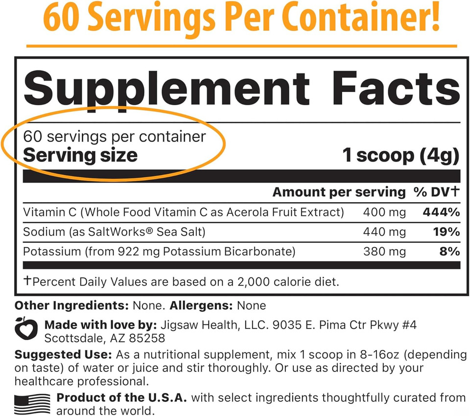 Jigsaw Health Adrenal Cocktail + Wholefood Vitamin C | With Potassium Bicarbonate, Sea Salt, And Acerola Cherry Extract | 60 Servings (Jar) Jigsaw Health Adrenal Cocktail + Wholefood Vitamin C | With Potassium Bicarbonate, Sea Salt, And Acerola Cherry Extract | 60 Servings (Jar)