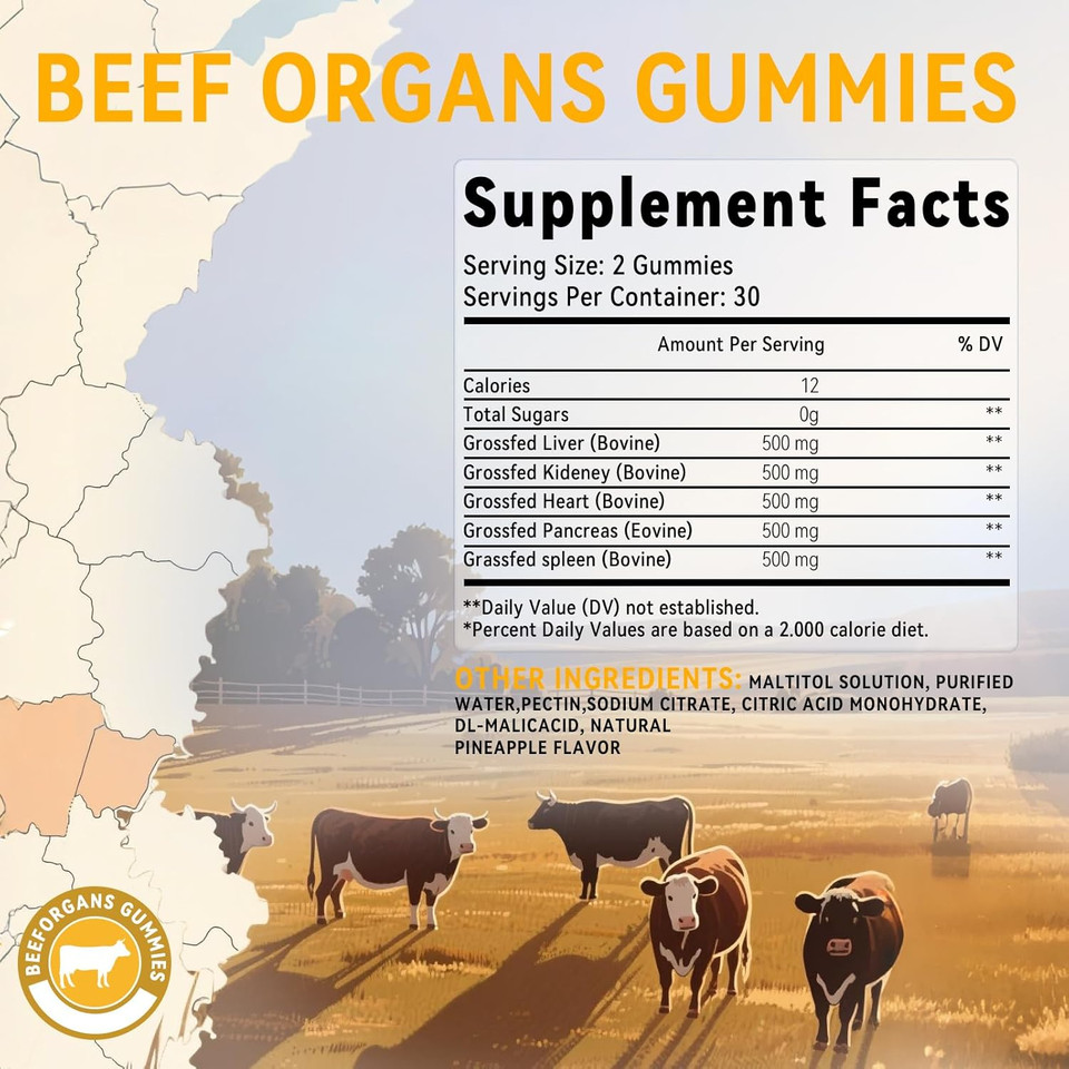 Beef Organ Supplement For Women:Grass Fed Beef Organ Gummies Supplement, Wellness With Liver Heart Kidney Pancreas Spleen Supports Women'S Overall Energy And Health Non-Gmo(60 Gummies)
