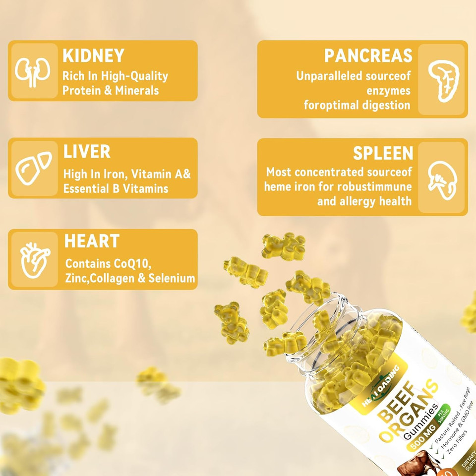 Beef Organ Supplement For Women:Grass Fed Beef Organ Gummies Supplement, Wellness With Liver Heart Kidney Pancreas Spleen Supports Women'S Overall Energy And Health Non-Gmo(60 Gummies)