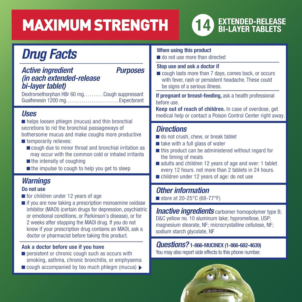 Cough Suppressant And Expectorant, Mucinex Dm Maximum Strength 12 Hour Tablets, 14Ct, 1200 Mg Guaifenesin, Relieves Chest Congestion, Quiets Wet And Dry Cough, #1 Doctor Recommended Otc Expectorant