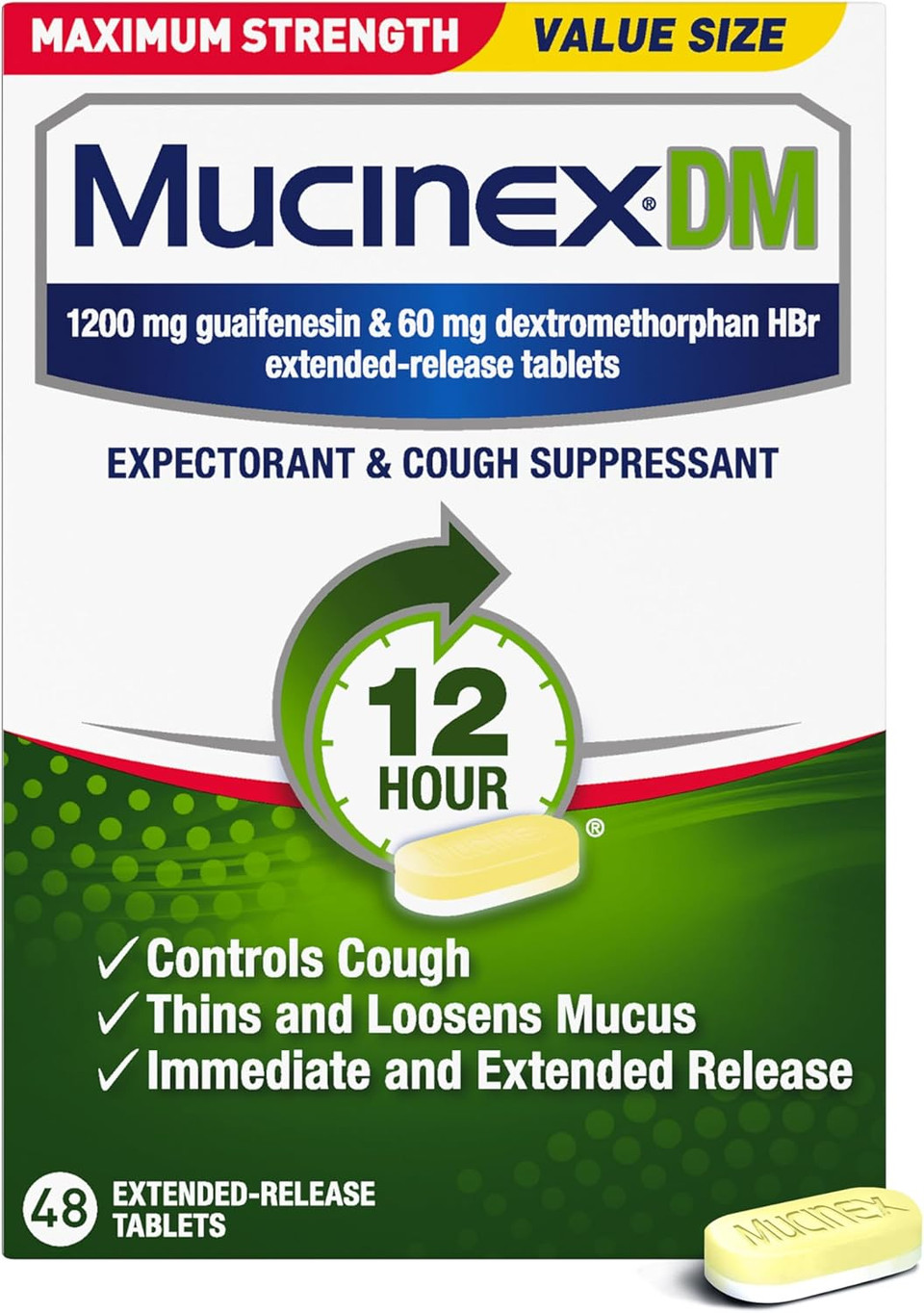 Mucinex Dm 12Hr Maximum Strength Chest Congestion & Cough Medicine For Adults, Cold And Cough Medicine For Excess Mucus Relief, 1200 Mg Guaifenesin & 60 Mg Dextromethorphan Hbr, 48 Bi-Layer Tablets