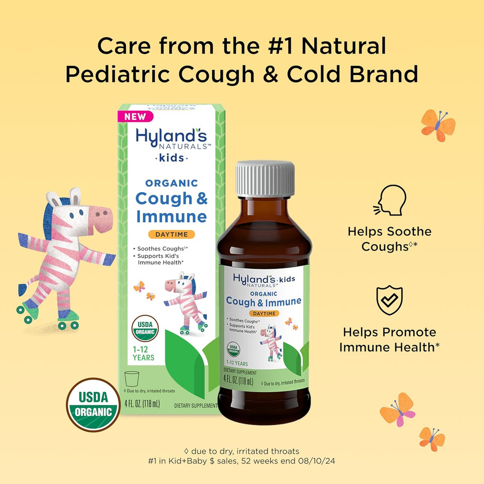Hyland'S Kids Daytime Organic Cough Syrup And Immune Support With Agave, Elderberry And Pomegranate, Soothes Cough, And Supports Immunity, 4 Fl. Oz