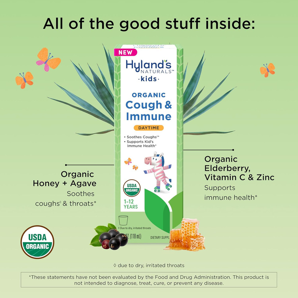 Hyland'S Kids Daytime Organic Cough Syrup And Immune Support With Agave, Elderberry And Pomegranate, Soothes Cough, And Supports Immunity, 4 Fl. Oz