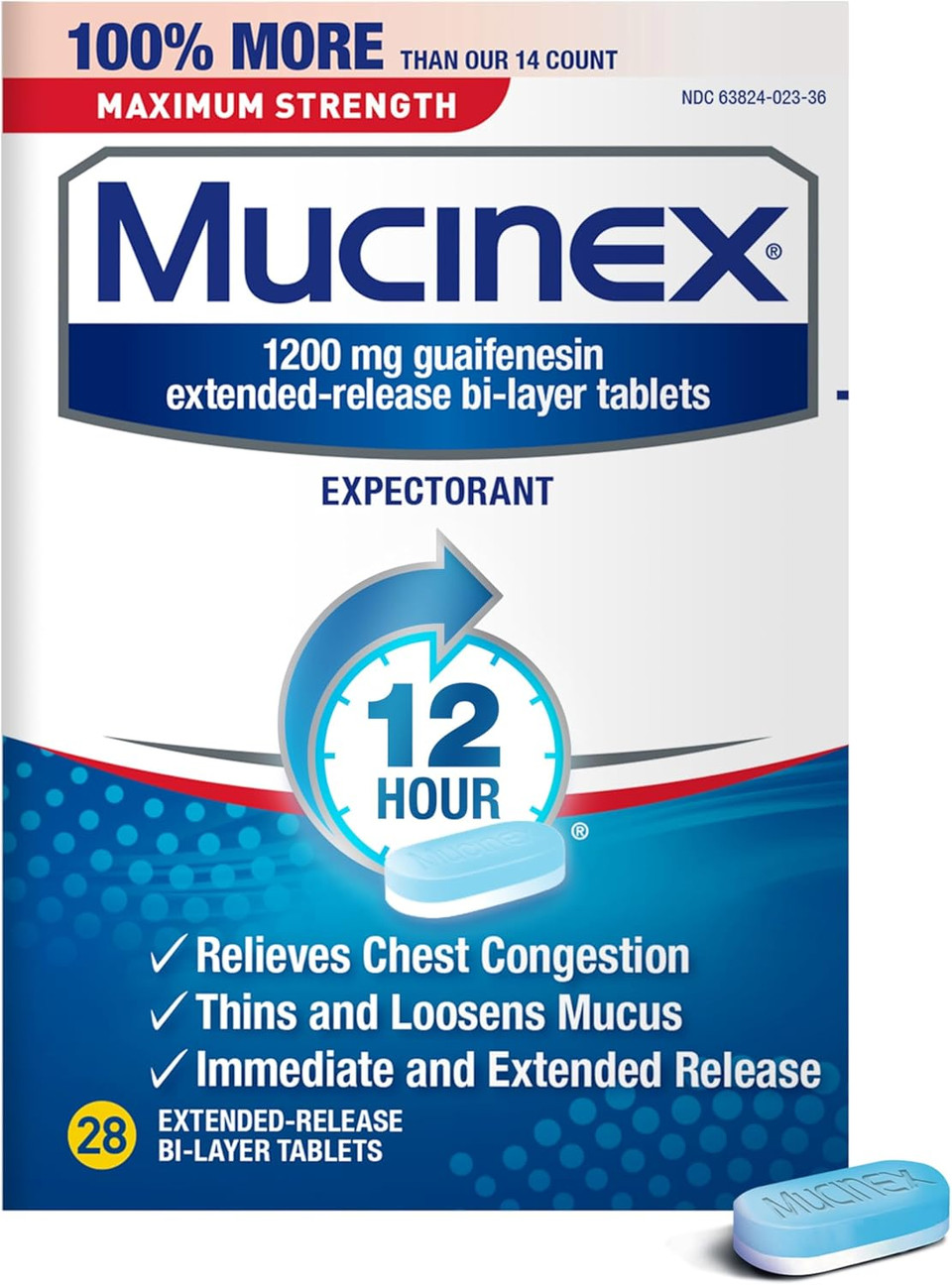 Mucinex Maximum Strength 12 Hour Chest Congestion Expectorant Relief Tablets, 1200 Mg, Thins & Loosens Mucus, 28 Count