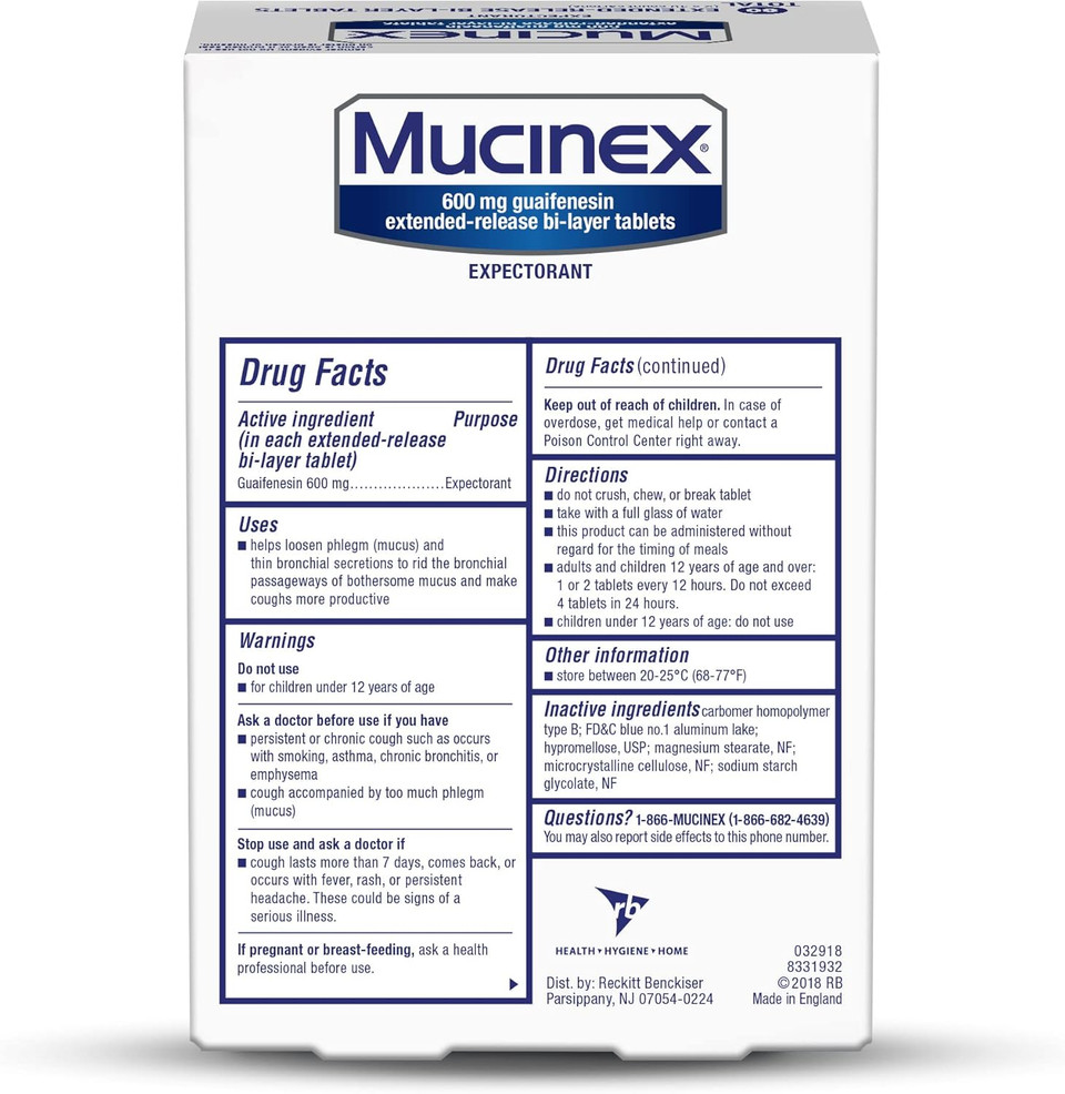 Mucinex 12 Hour 600 Mg Guaifenesin Extended-Release Tablets For Excess Mucus Relief, Expectorant Aids Excess Mucus Removal, Chest Congestion Relief, 80 Bi-Layer Tablets