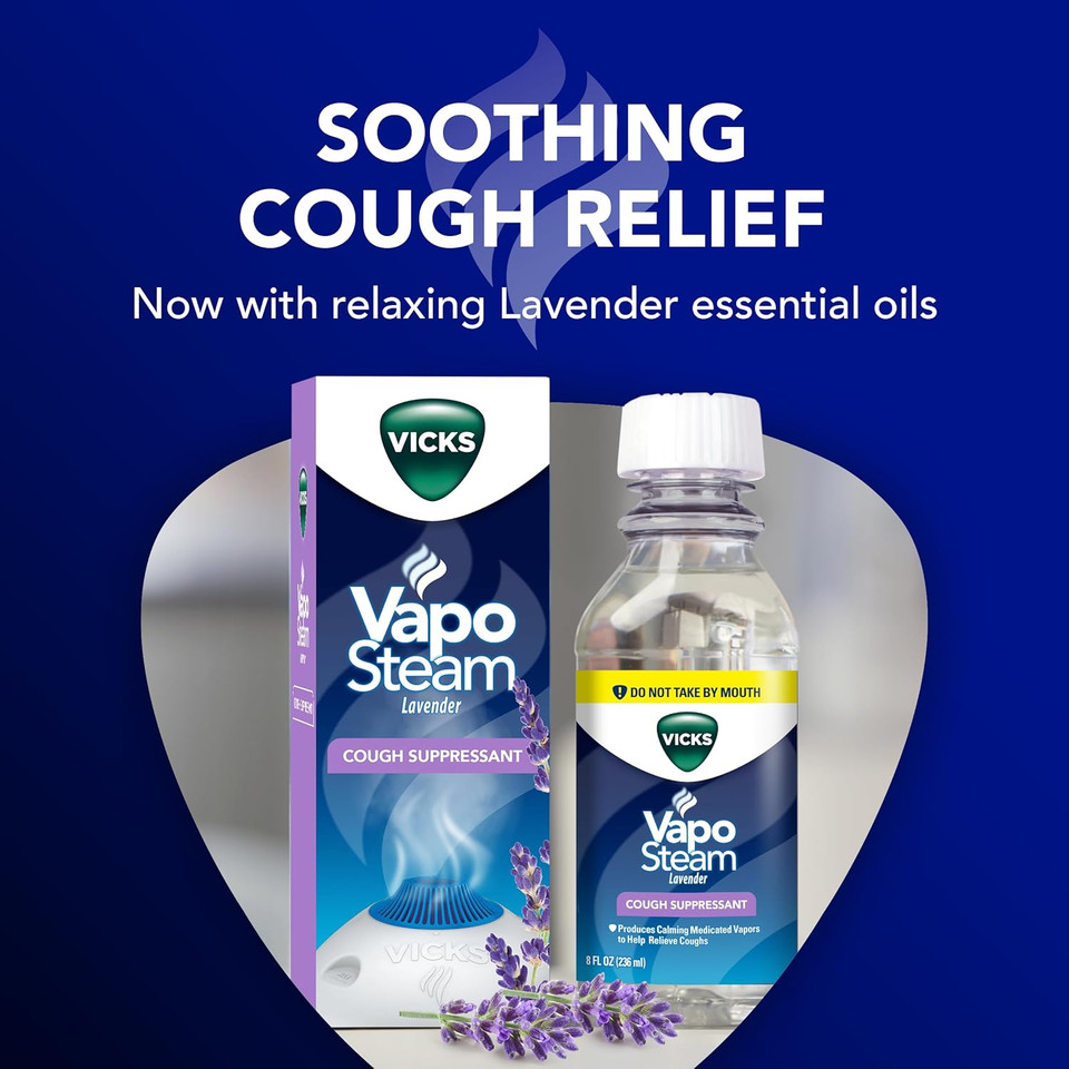 Vicks Vaposteam Lavender - Medicated Liquid With Camphor, Cough Suppressant - Helps With Cough Relief, Relaxation, And Comfortable Sleep, Use In Vaporizers And Humidifiers, 8 Oz