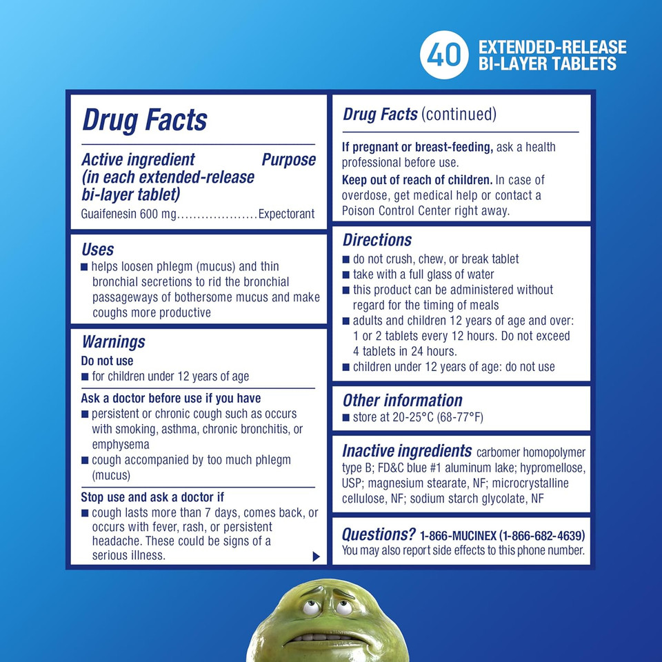 Mucinex 12 Hour Extended Release Tablets, 600 Mg Guaifenesin Relieves Chest Congestion Caused By Excess Mucus, #1 Doctor Recommended Otc Expectorant, Blue, 40 Count
