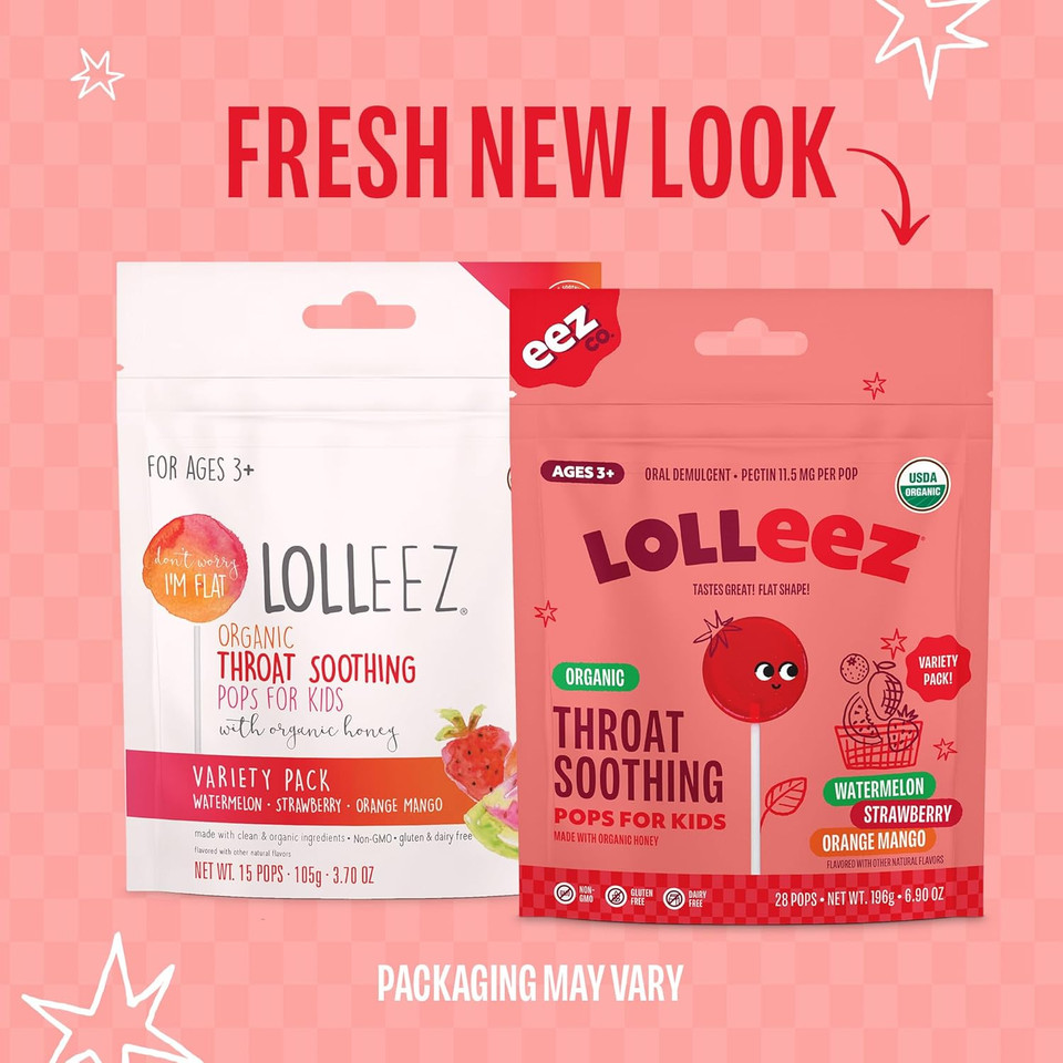Lolleez Organic Lollipops For Kids Sore Throat Relief, Strawberry Perfect For Soothing A Sore Throat While Tasting Great, Strawberry Flavor, 28 Count