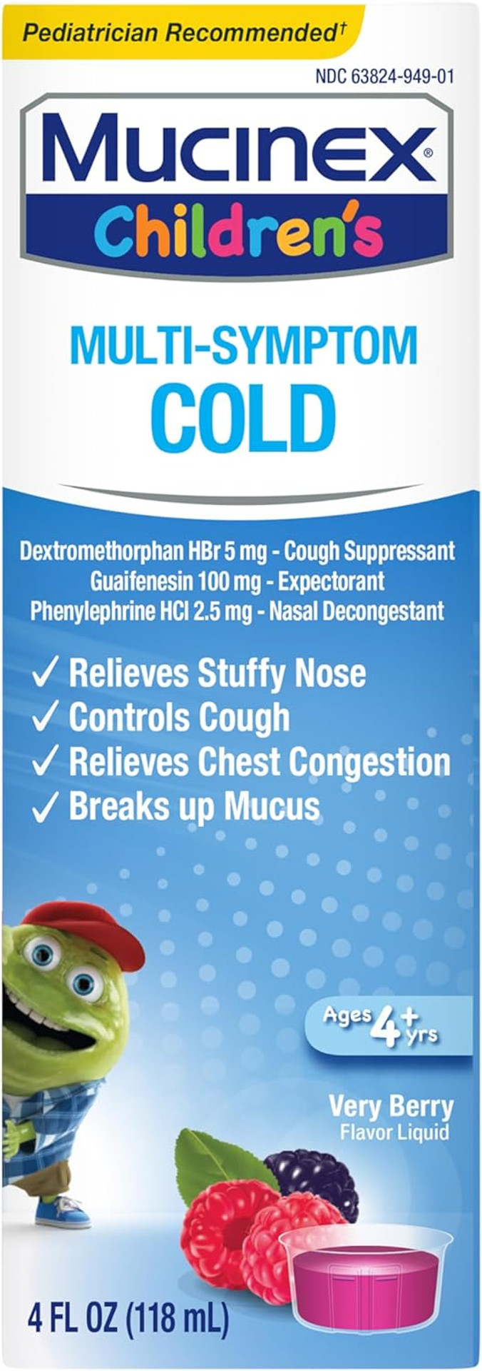 Mucinex Children'S Multi-Symptom Cold Relief Liquid- Relieves Stuffy Nose, Chest Congestion, Cough & Mucus, Expectorant & Cough Suppressant With Dextromethorphan, Guaifenesin, Phenylephrine, 4 Oz