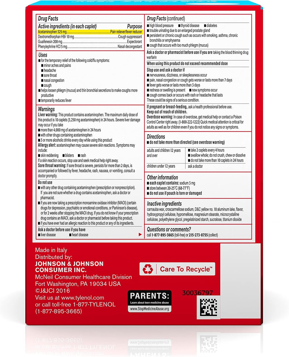 Tylenol Cold + Flu Severe Medicine Caplets For Cold & Flu Symptom Relief, Fever Reducer, Pain Reliever, Cough Suppressant, Nasal Decongestant & Expectorant, 50 Pouches Of 2 Ct