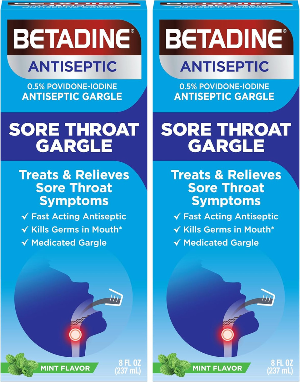 Betadine Antiseptic Medicated Gargle, Povidone-Iodine 0.5%, Treat And Relieve Sore Throat Symptoms, Temporarily Reduces Germs Normally Found In The Mouth, Mint Flavor, 8 Fl Oz