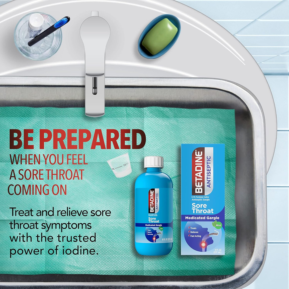 Betadine Antiseptic Medicated Gargle, Povidone-Iodine 0.5%, Treat And Relieve Sore Throat Symptoms, Temporarily Reduces Germs Normally Found In The Mouth, Mint Flavor, 8 Fl Oz