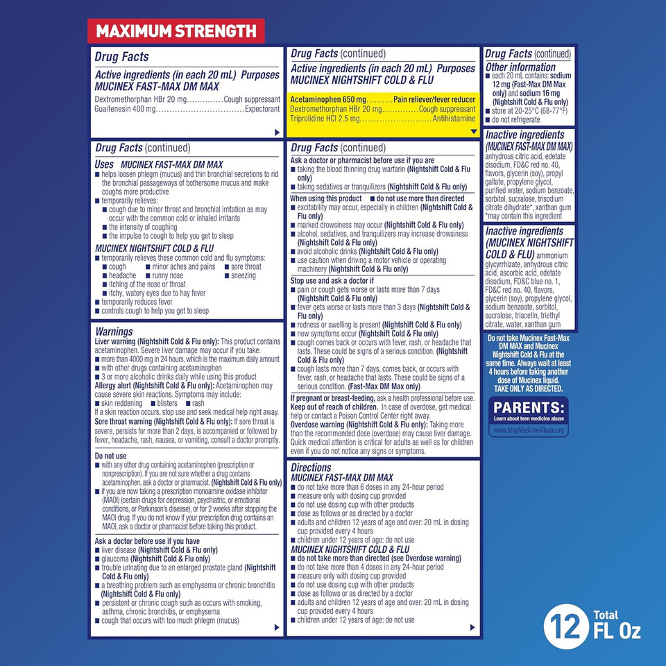 Maximum Strength Mucinex Fastmax Dm Max & Mucinex Nightshift Cold & Flu Liquid (2 X 6 Fl. Oz.) Thins & Loosens Mucus, Relieves Cough & Chest Congestion, Pain, Fever, Sneezing, Sore Throat, Runny Nose