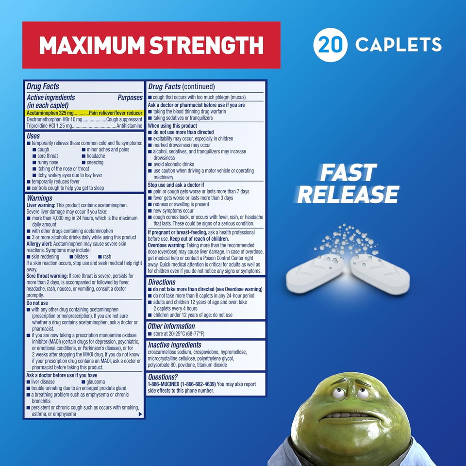 Mucinex Nightshift Cold & Flu, Maximum Strength Powerful Multi-Symptom Nighttime Relief, 20 Fast Release Caplets - Pain Reliever/Fever Reducer, Cough Suppressant, Antihistamine