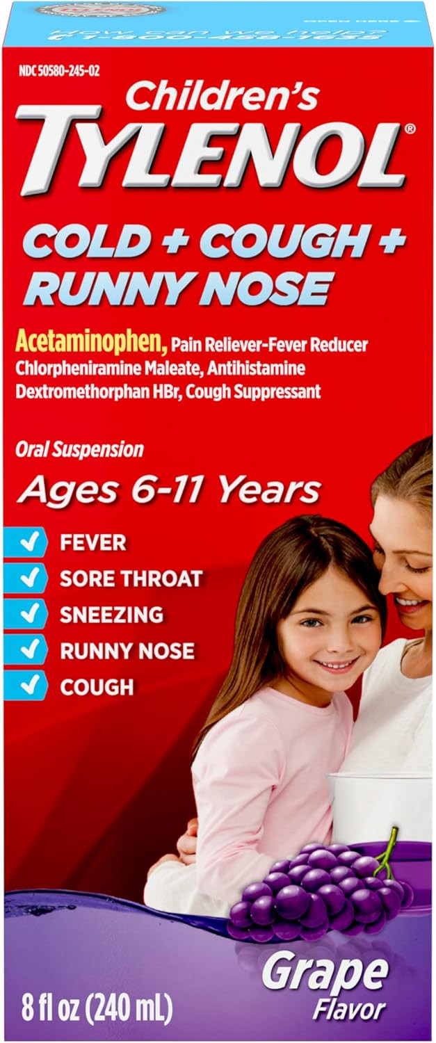 Children'S Tylenol Cold + Cough + Runny Nose, Acetaminophen, Pain & Fever Relief, Chlorpheniramine Maleate, Antihistamine, Dextromethorphan Hbr, Cough Suppressant; Grape Liquid, 8 Fl. Oz