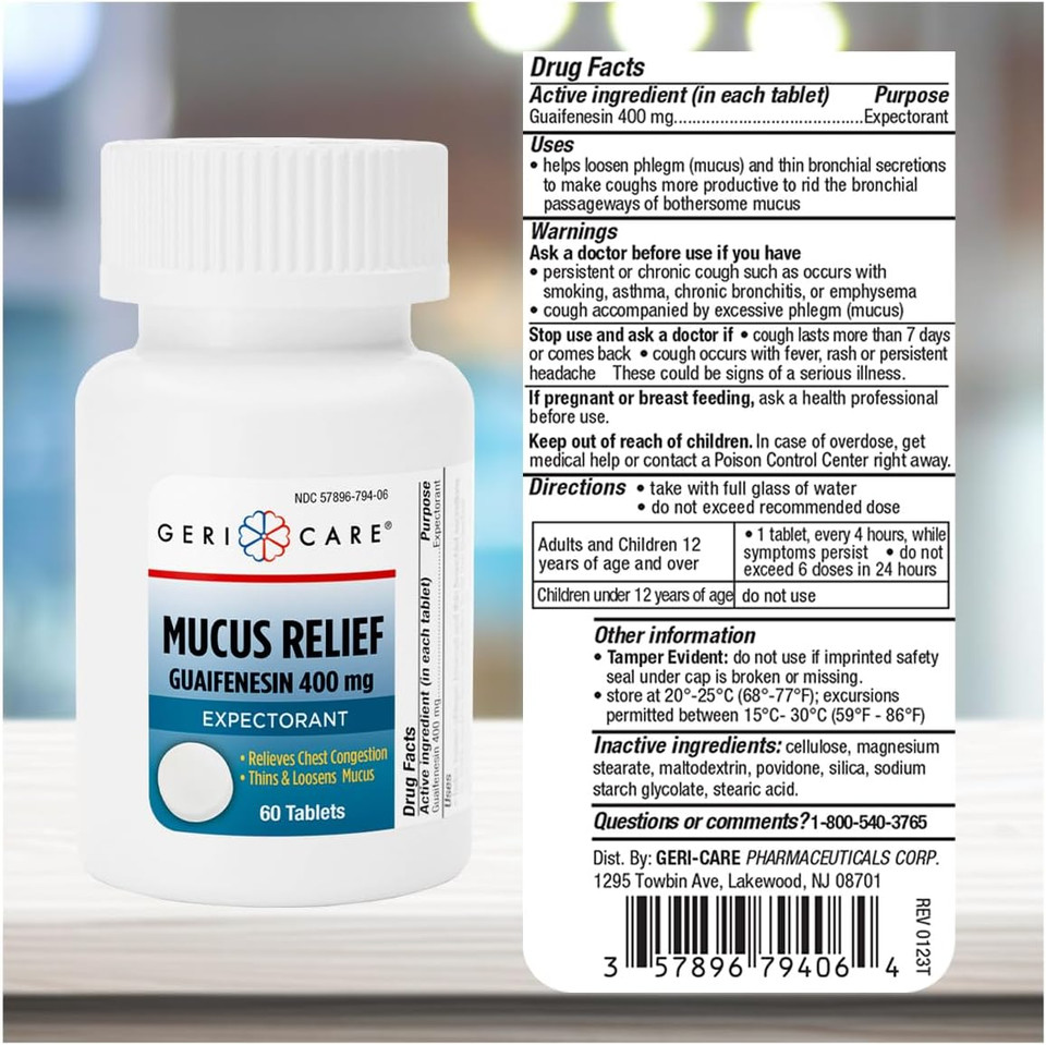 Mucus Relief Tablets By Geri-Care | Expectorant For Chest Congestion Relief | Guaifenesin 400Mg | 60 Count Bottle