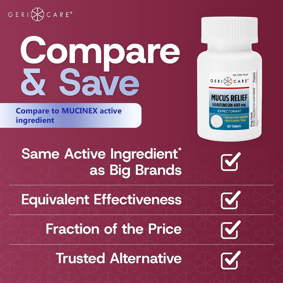Mucus Relief Tablets By Geri-Care | Expectorant For Chest Congestion Relief | Guaifenesin 400Mg | 60 Count Bottle