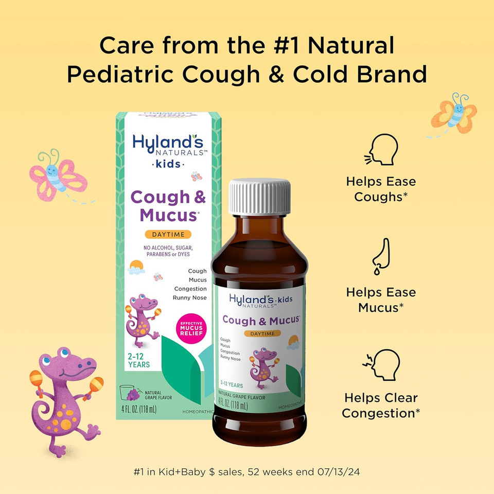 Hyland'S Kids Daytime Cough Syrup And Mucus Relief, Kids Medicine For Ages 2-12, Grape Flavor, Natural Relief Of Cough, Runny Nose, Mucus And Congestion, 4 Ounces