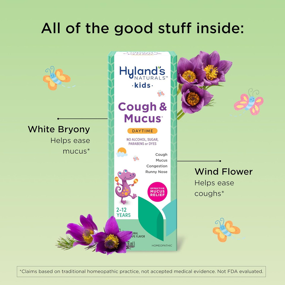 Hyland'S Kids Daytime Cough Syrup And Mucus Relief, Kids Medicine For Ages 2-12, Grape Flavor, Natural Relief Of Cough, Runny Nose, Mucus And Congestion, 4 Ounces