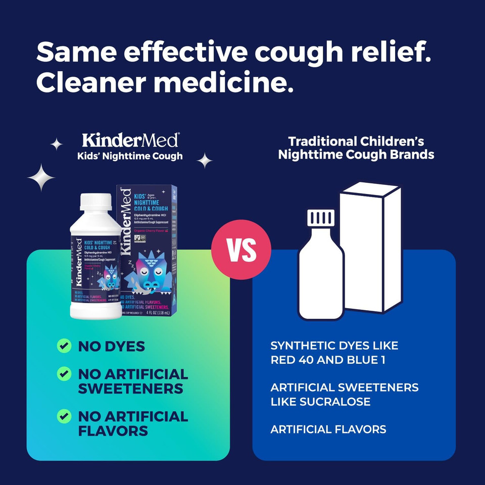 Kindermed Kids' Daytime Cough & Congestion Medicine, For Ages 4-11 Years, No Dyes, No Artificial Flavors, No Artificial Sweeteners, Vegan, Non-Gmo, Gluten Free, Organic Berry Flavor (4 Fl Oz)
